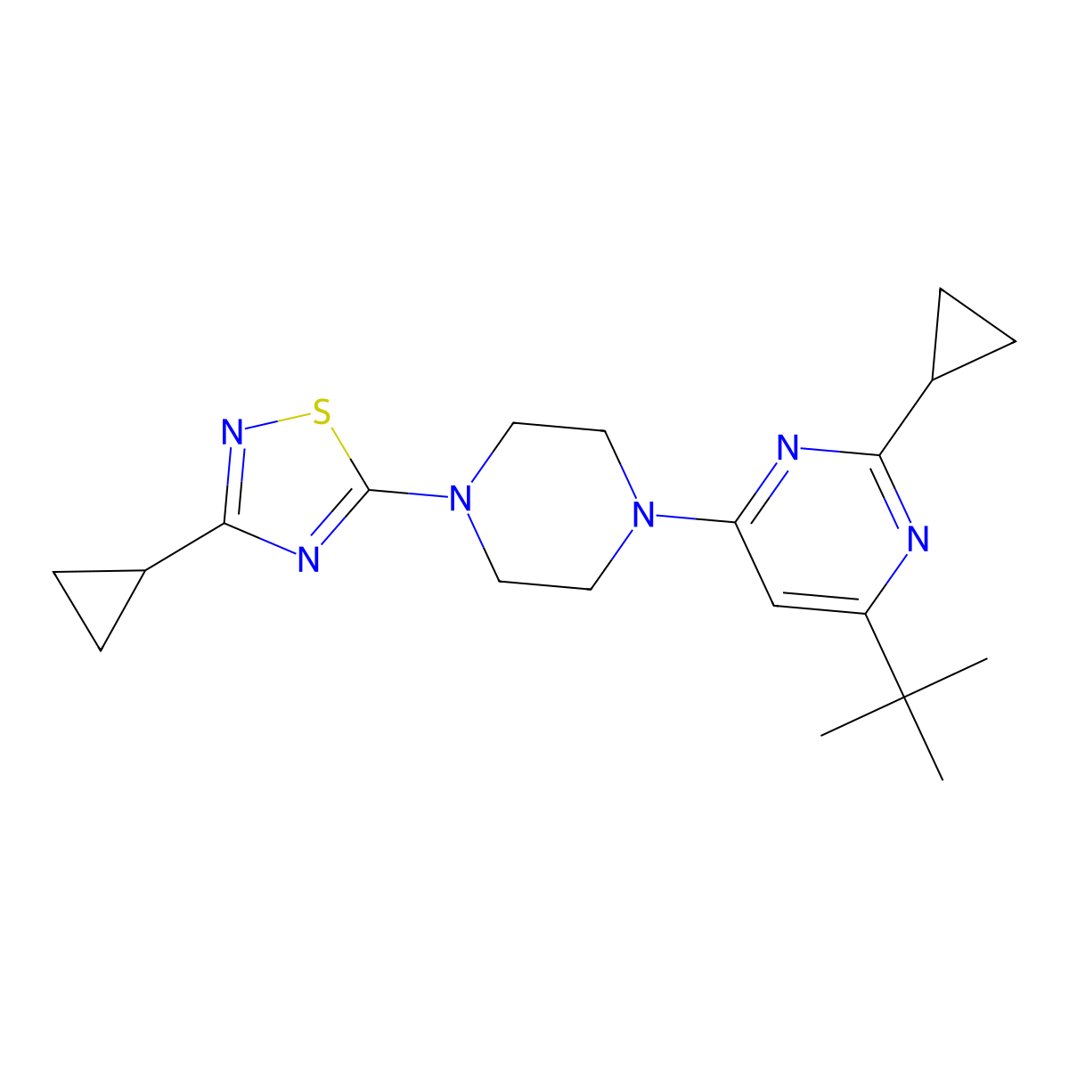 4-Tert-butyl-2-cyclopropyl-6-[4-(3-cyclopropyl-1,2,4-thiadiazol-5-yl)piperazin-1-yl]pyrimidine molecular structure, CAS 2549034-04-8