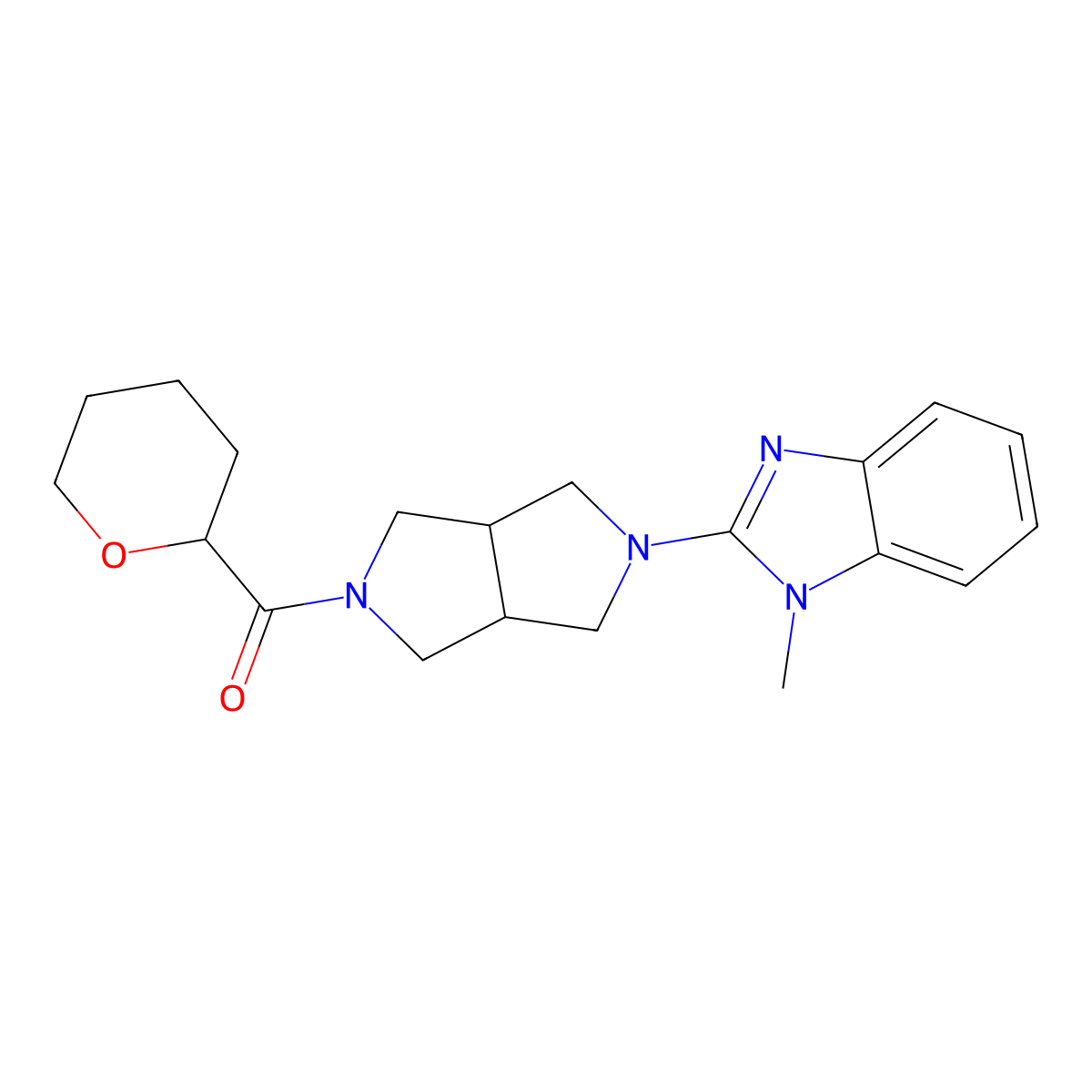 1-methyl-2-[5-(oxane-2-carbonyl)-octahydropyrrolo[3,4-c]pyrrol-2-yl]-1H-1,3-benzodiazole molecular structure, CAS 2549034-06-0