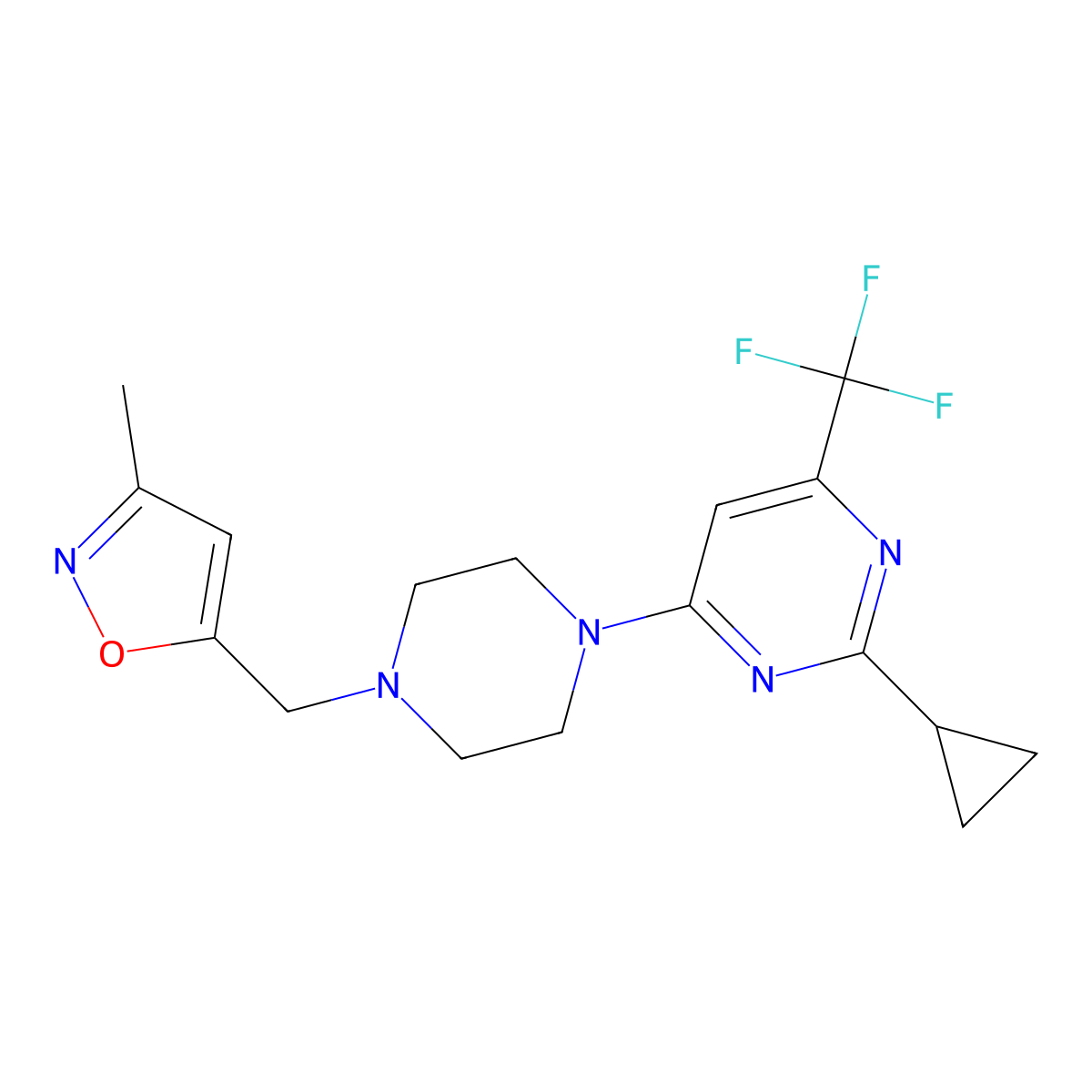 2-Cyclopropyl-4-{4-[(3-methyl-1,2-oxazol-5-yl)methyl]piperazin-1-yl}-6-(trifluoromethyl)pyrimidine molecular structure, CAS 2549034-07-1