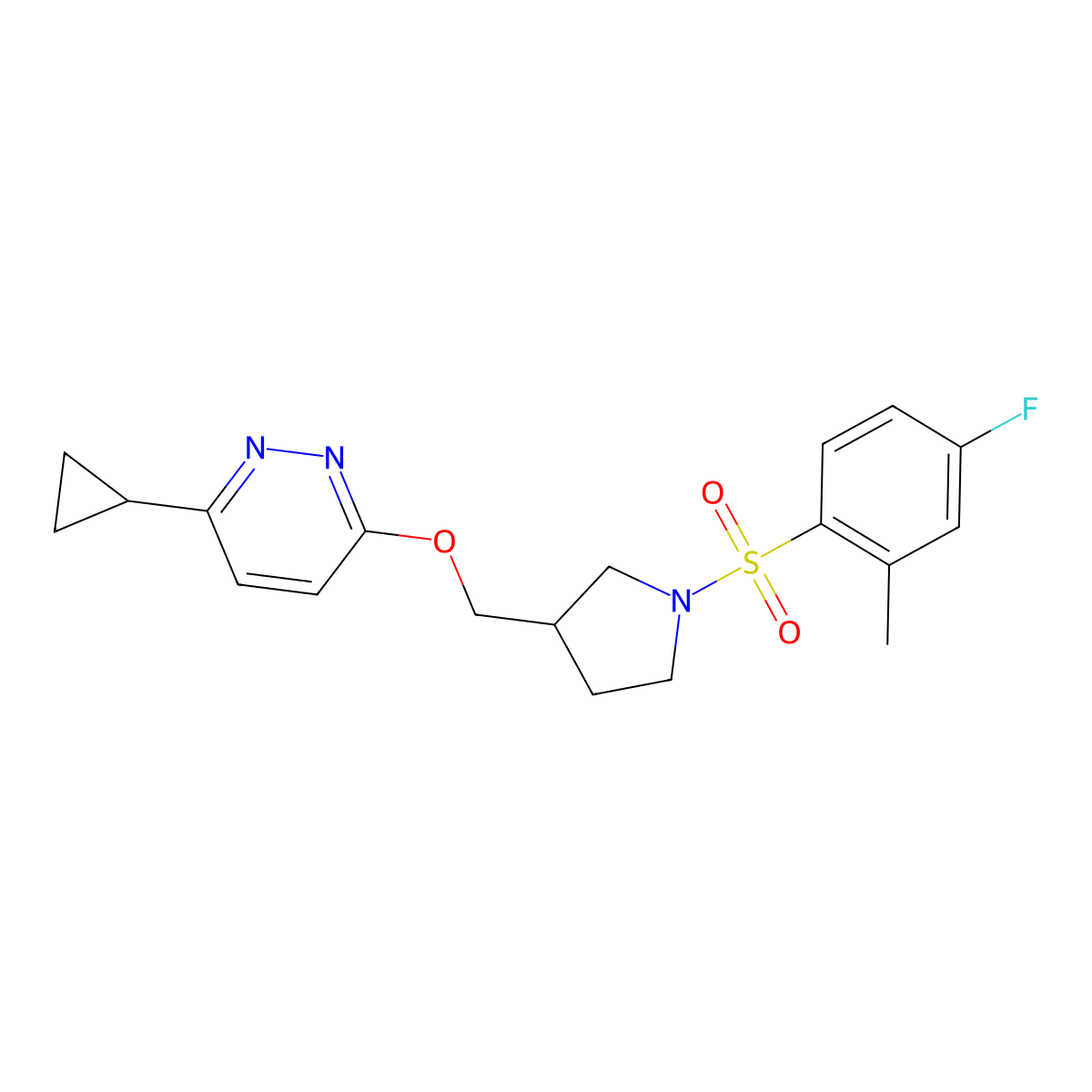 3-Cyclopropyl-6-{[1-(4-fluoro-2-methylbenzenesulfonyl)pyrrolidin-3-yl]methoxy}pyridazine molecular structure, CAS 2549034-10-6