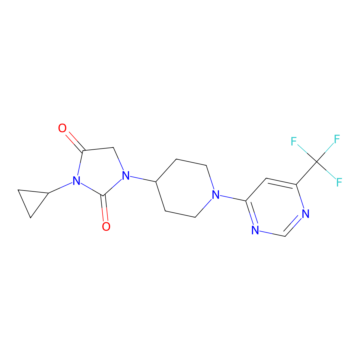 3-Cyclopropyl-1-{1-[6-(trifluoromethyl)pyrimidin-4-yl]piperidin-4-yl}imidazolidine-2,4-dione molecular structure, CAS 2549034-24-2