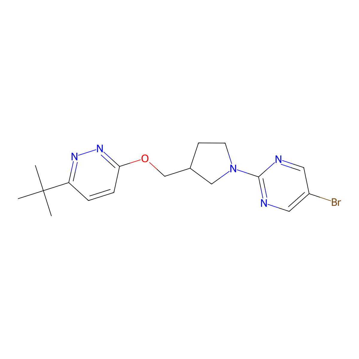 5-Bromo-2-(3-{[(6-tert-butylpyridazin-3-yl)oxy]methyl}pyrrolidin-1-yl)pyrimidine molecular structure, CAS 2549034-28-6