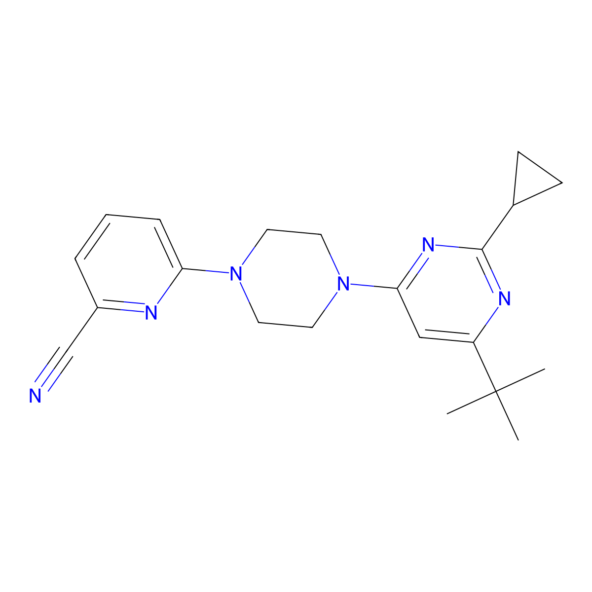 6-[4-(6-Tert-butyl-2-cyclopropylpyrimidin-4-yl)piperazin-1-yl]pyridine-2-carbonitrile molecular structure, CAS 2549034-30-0