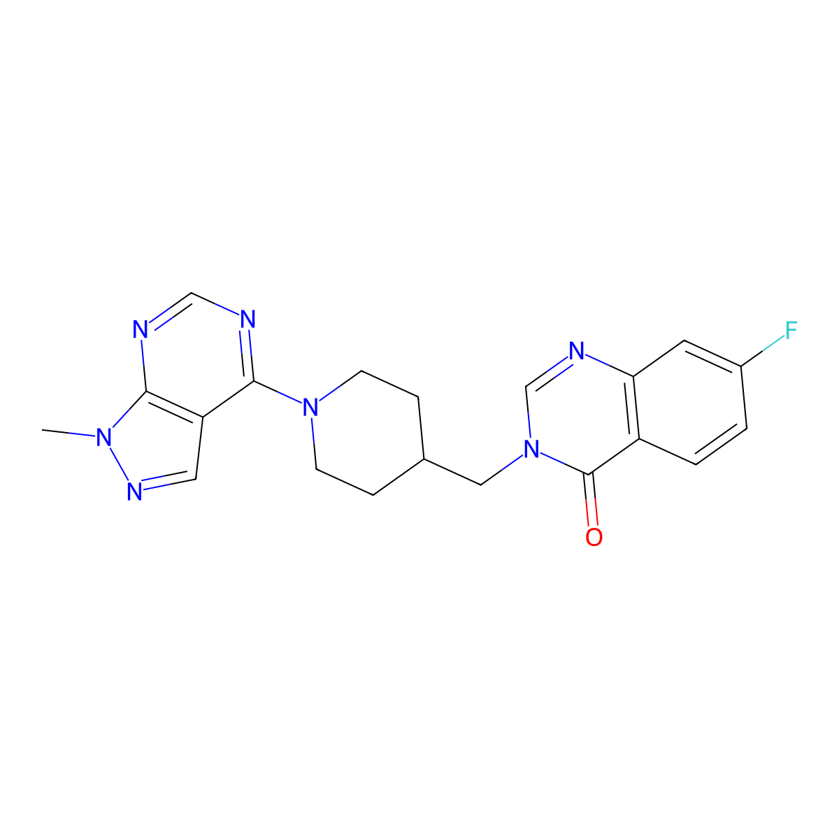 7-fluoro-3-[(1-{1-methyl-1H-pyrazolo[3,4-d]pyrimidin-4-yl}piperidin-4-yl)methyl]-3,4-dihydroquinazolin-4-one molecular structure, CAS 2549034-60-6