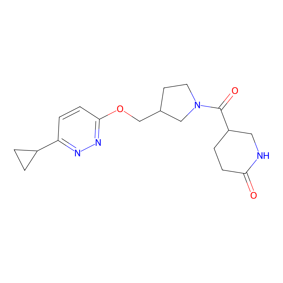 5-(3-{[(6-Cyclopropylpyridazin-3-yl)oxy]methyl}pyrrolidine-1-carbonyl)piperidin-2-one molecular structure, CAS 2549034-74-2