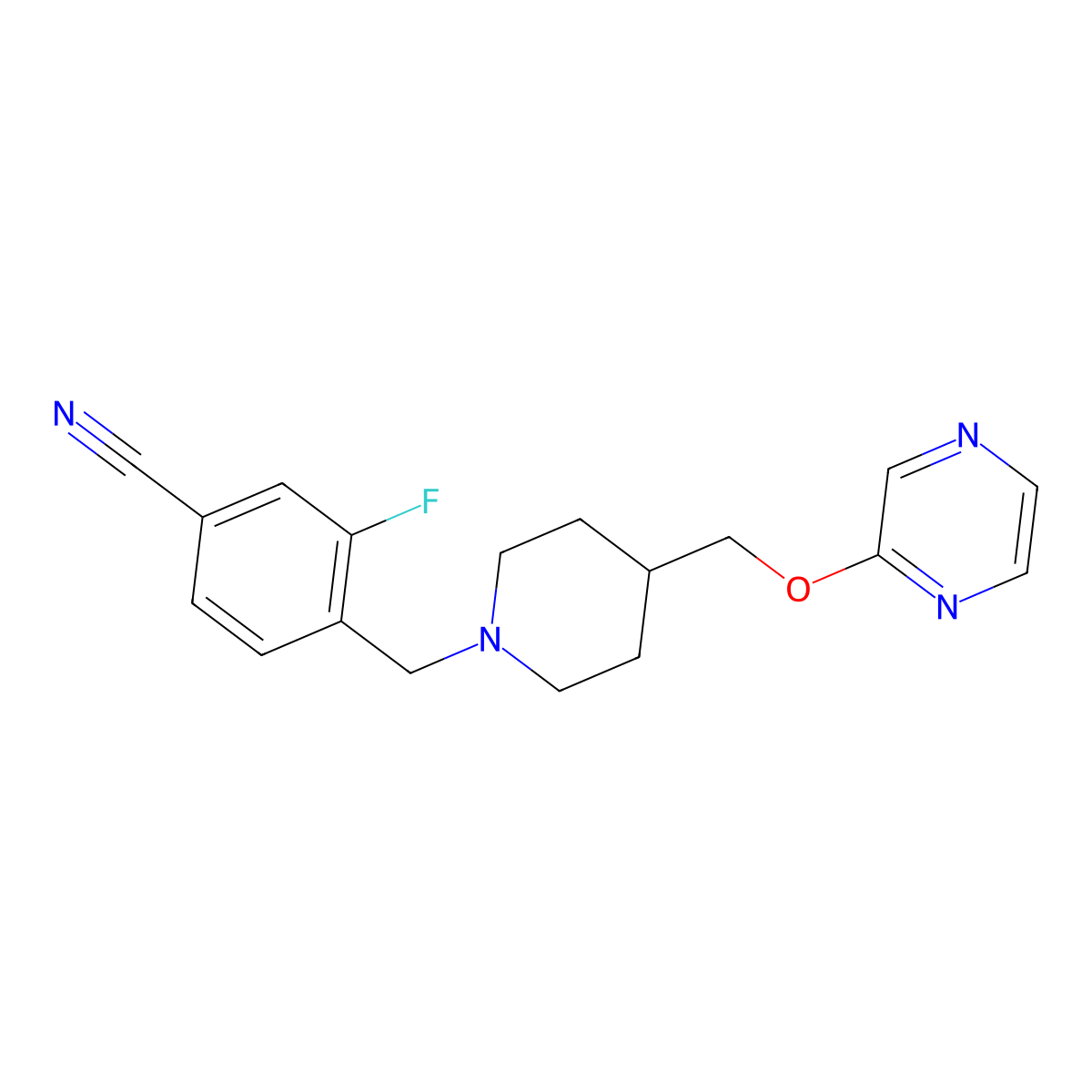 3-Fluoro-4-({4-[(pyrazin-2-yloxy)methyl]piperidin-1-yl}methyl)benzonitrile molecular structure, CAS 2549034-93-5