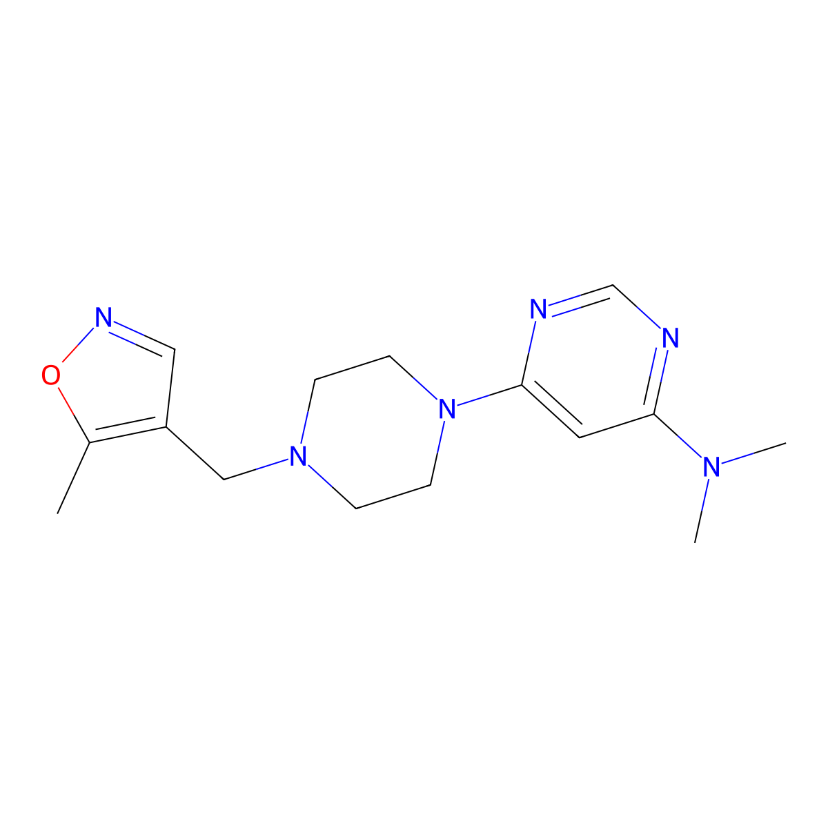 N,N-dimethyl-6-{4-[(5-methyl-1,2-oxazol-4-yl)methyl]piperazin-1-yl}pyrimidin-4-amine molecular structure, CAS 2549034-94-6