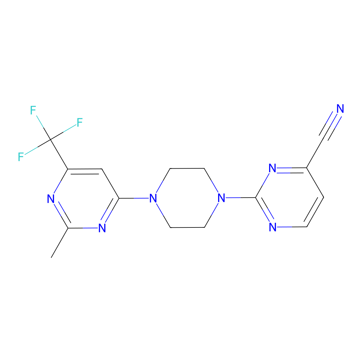 2-{4-[2-Methyl-6-(trifluoromethyl)pyrimidin-4-yl]piperazin-1-yl}pyrimidine-4-carbonitrile molecular structure, CAS 2549035-00-7