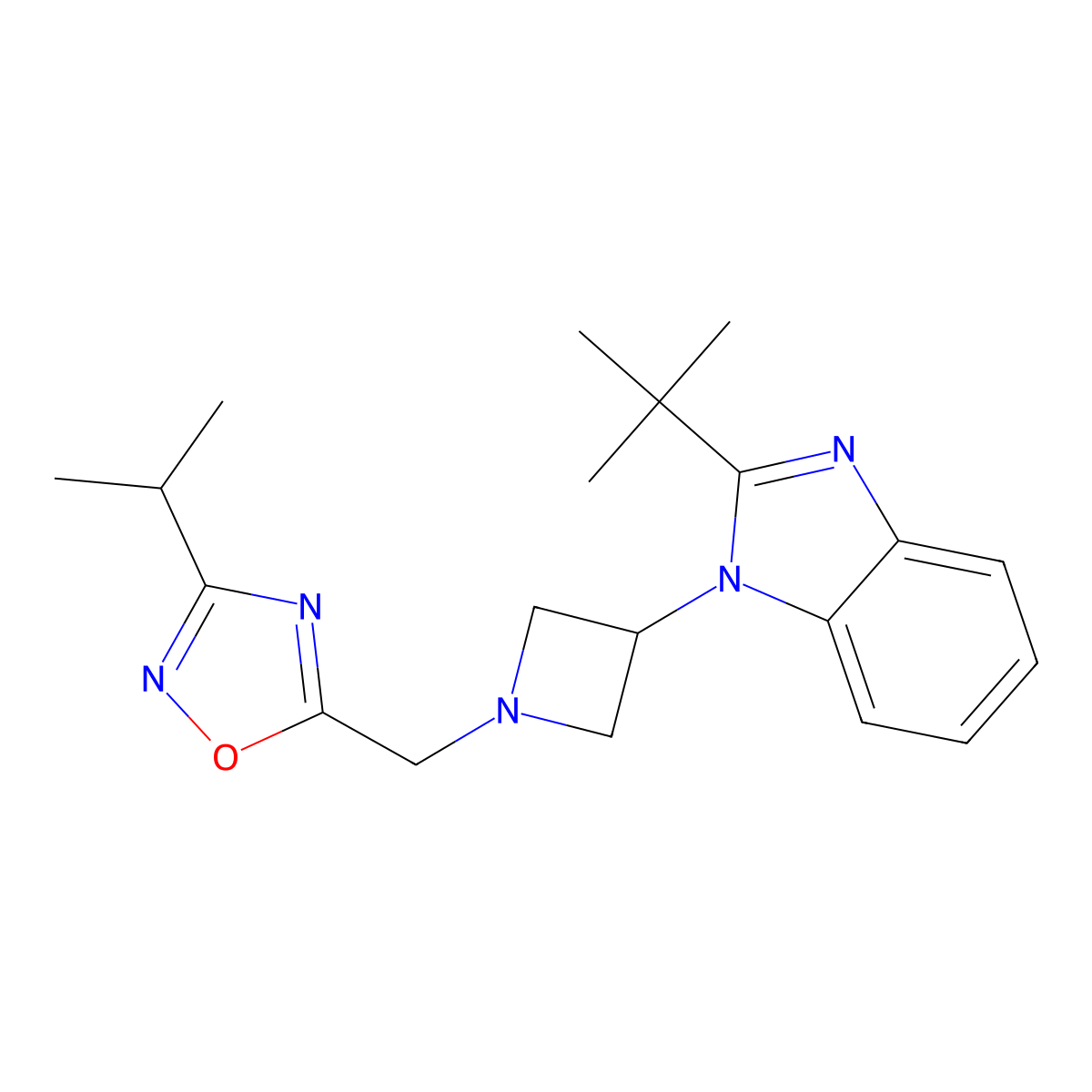 2-tert-butyl-1-(1-{[3-(propan-2-yl)-1,2,4-oxadiazol-5-yl]methyl}azetidin-3-yl)-1H-1,3-benzodiazole molecular structure, CAS 2549035-01-8