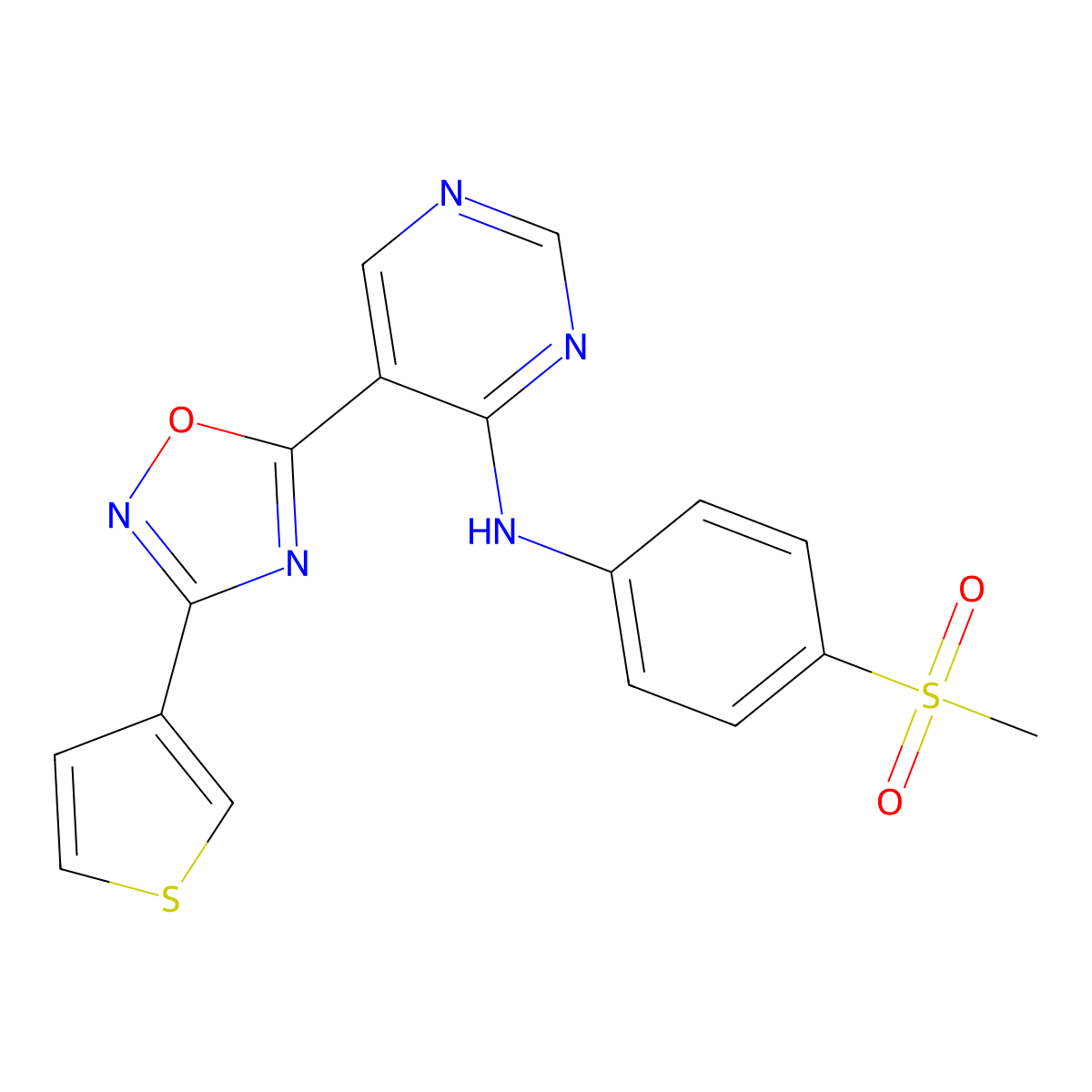 N-(4-methanesulfonylphenyl)-5-[3-(thiophen-3-yl)-1,2,4-oxadiazol-5-yl]pyrimidin-4-amine molecular structure, CAS 2549035-02-9