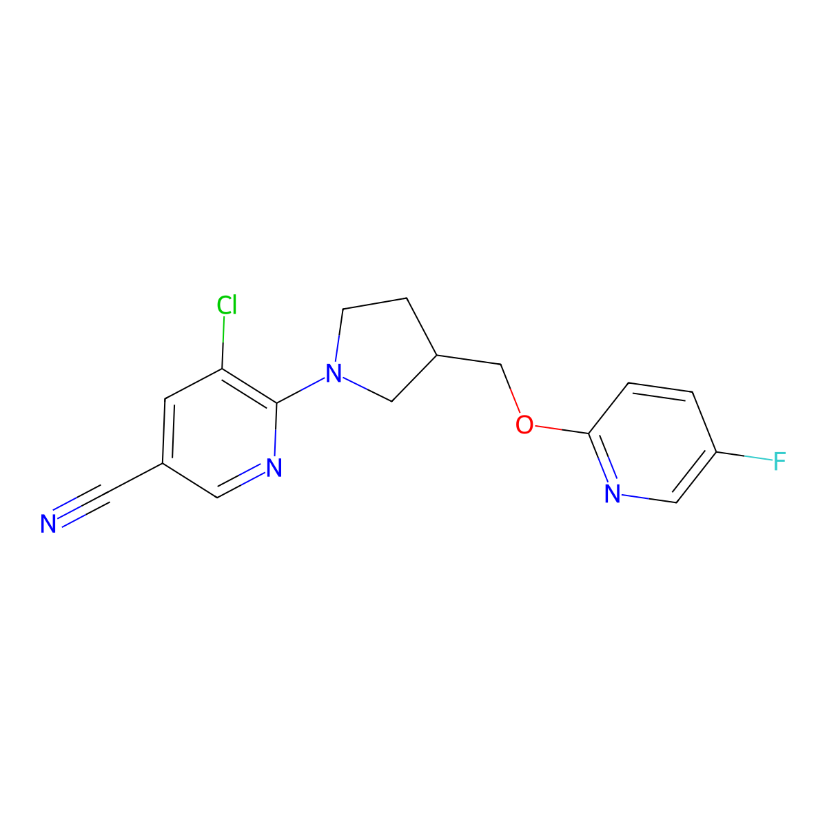 5-Chloro-6-(3-{[(5-fluoropyridin-2-yl)oxy]methyl}pyrrolidin-1-yl)pyridine-3-carbonitrile molecular structure, CAS 2549035-04-1
