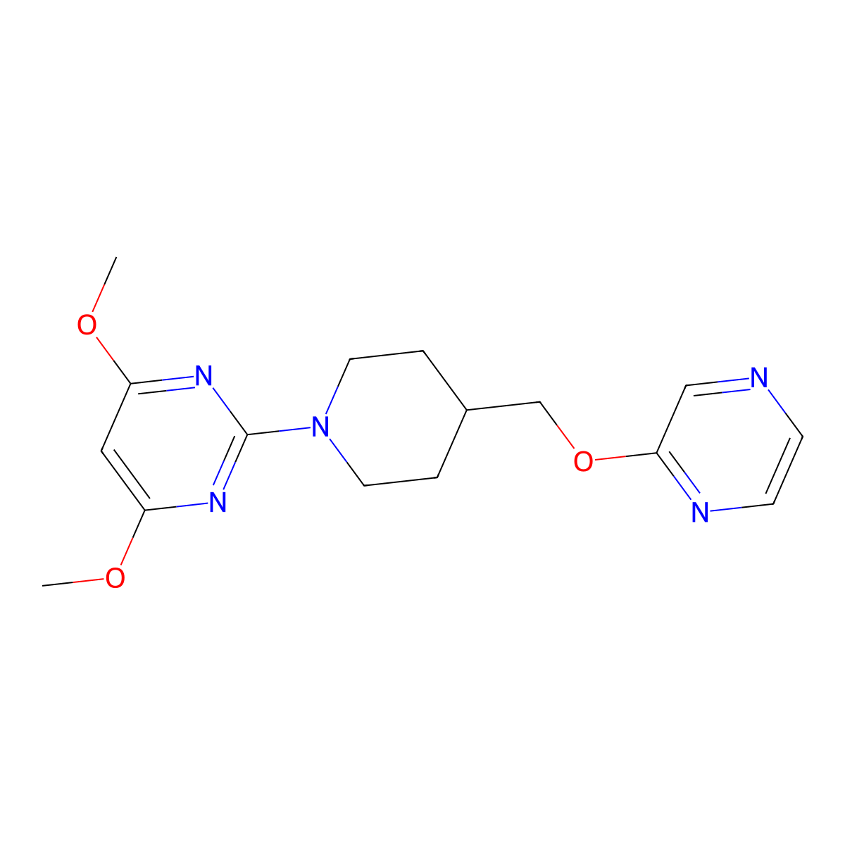 4,6-Dimethoxy-2-{4-[(pyrazin-2-yloxy)methyl]piperidin-1-yl}pyrimidine molecular structure, CAS 2549035-15-4