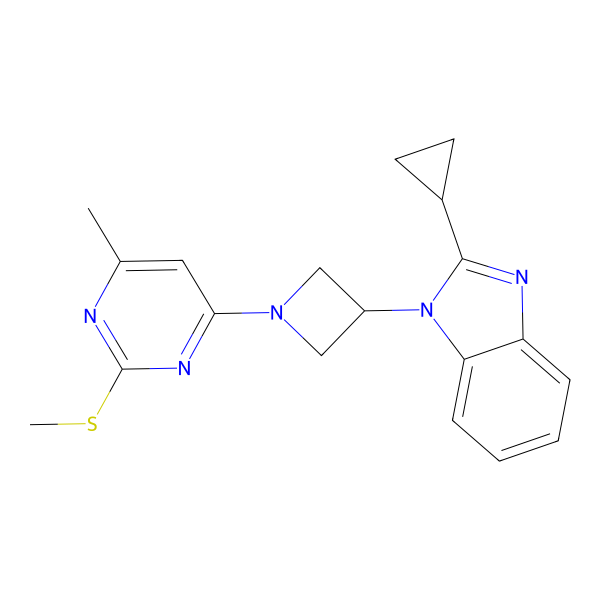 2-cyclopropyl-1-{1-[6-methyl-2-(methylsulfanyl)pyrimidin-4-yl]azetidin-3-yl}-1H-1,3-benzodiazole molecular structure, CAS 2549035-18-7