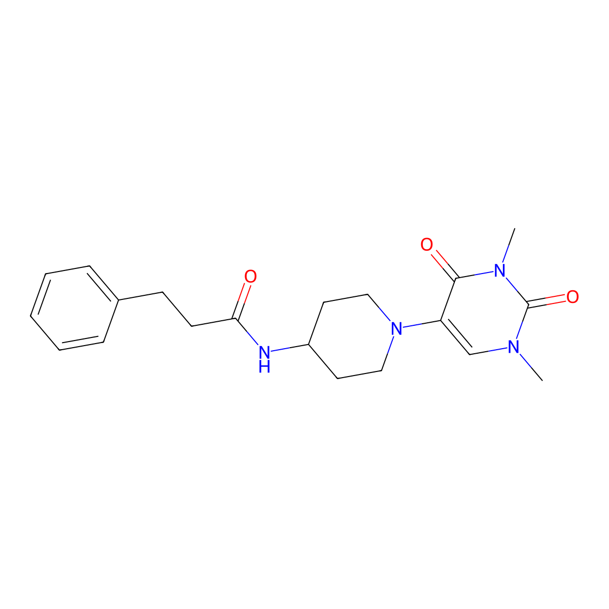 N-[1-(1,3-dimethyl-2,4-dioxo-1,2,3,4-tetrahydropyrimidin-5-yl)piperidin-4-yl]-3-phenylpropanamide molecular structure, CAS 2549035-21-2