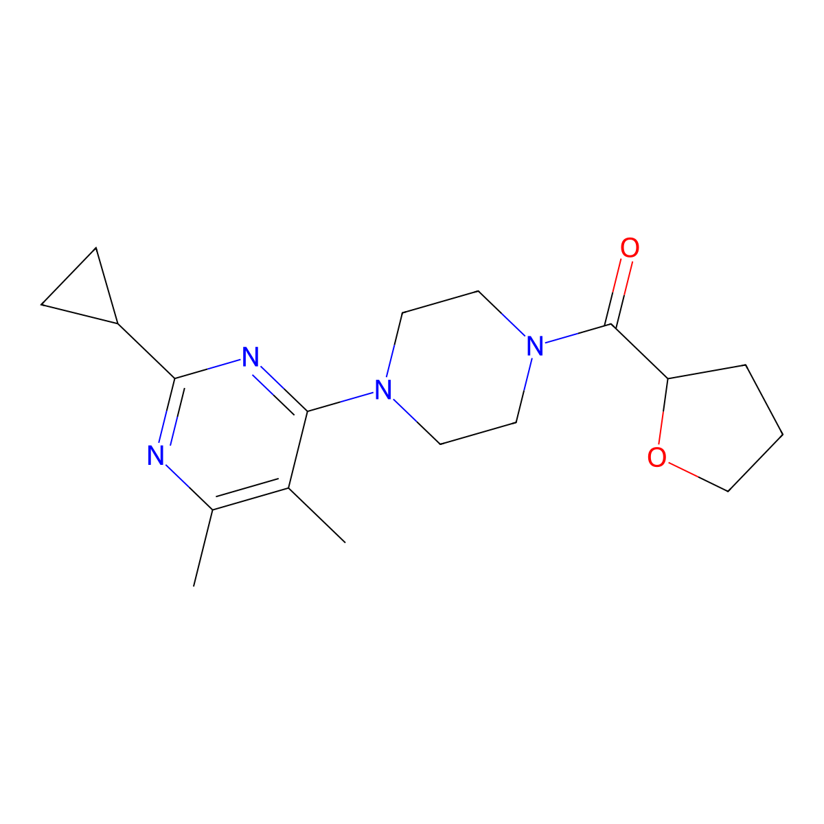 2-Cyclopropyl-4,5-dimethyl-6-[4-(oxolane-2-carbonyl)piperazin-1-yl]pyrimidine molecular structure, CAS 2549035-23-4