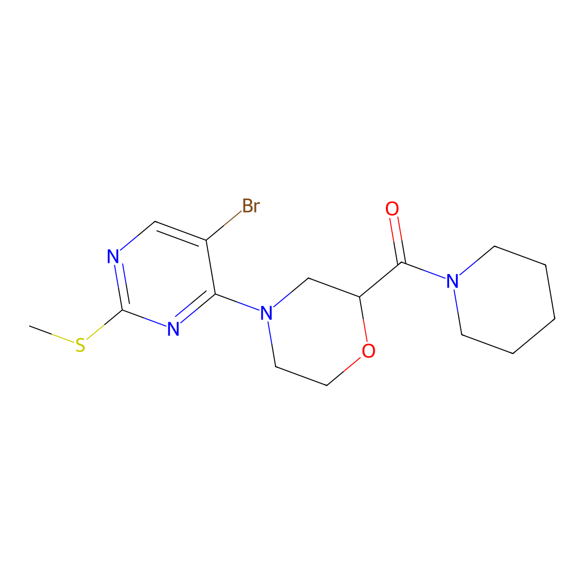 4-[5-Bromo-2-(methylsulfanyl)pyrimidin-4-yl]-2-(piperidine-1-carbonyl)morpholine molecular structure, CAS 2549035-24-5