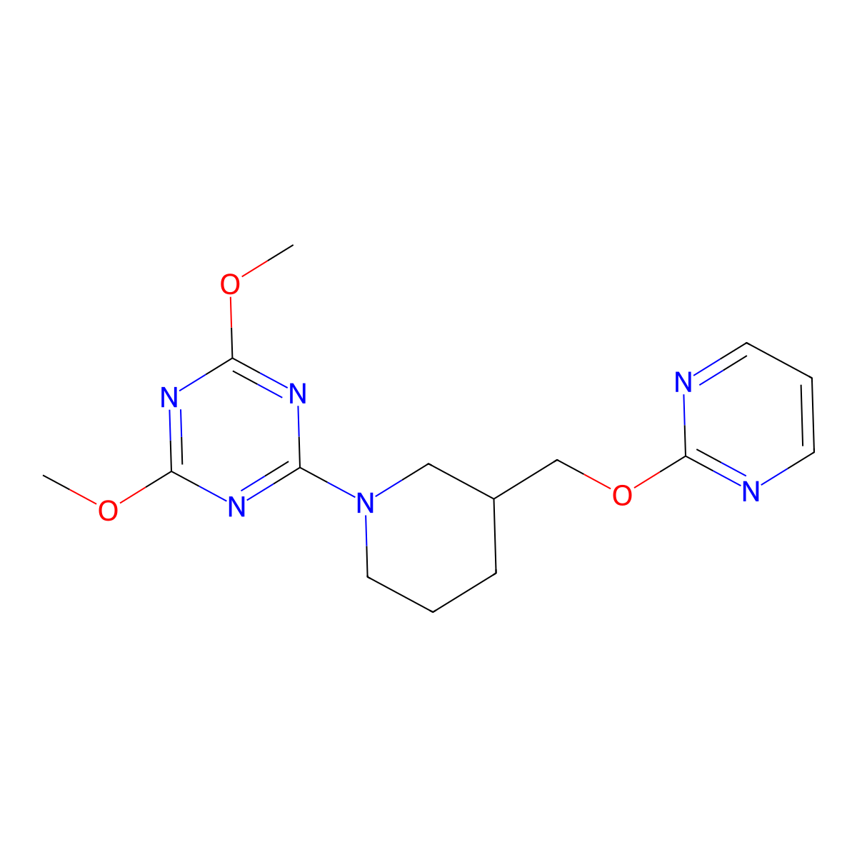 2,4-Dimethoxy-6-{3-[(pyrimidin-2-yloxy)methyl]piperidin-1-yl}-1,3,5-triazine molecular structure, CAS 2549035-31-4