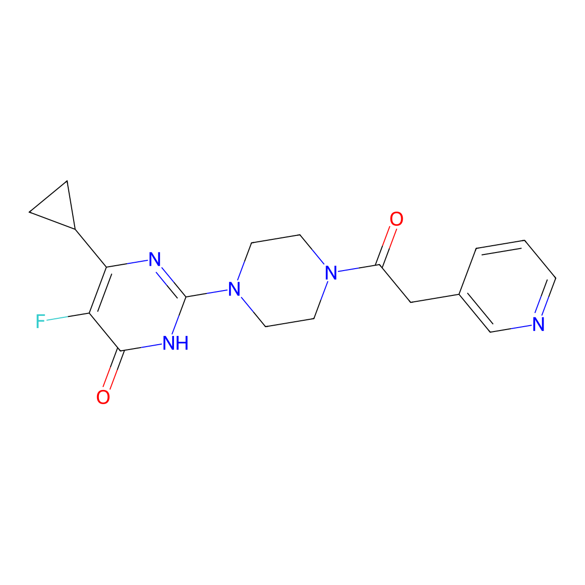 6-Cyclopropyl-5-fluoro-2-{4-[2-(pyridin-3-yl)acetyl]piperazin-1-yl}-3,4-dihydropyrimidin-4-one molecular structure, CAS 2549035-37-0