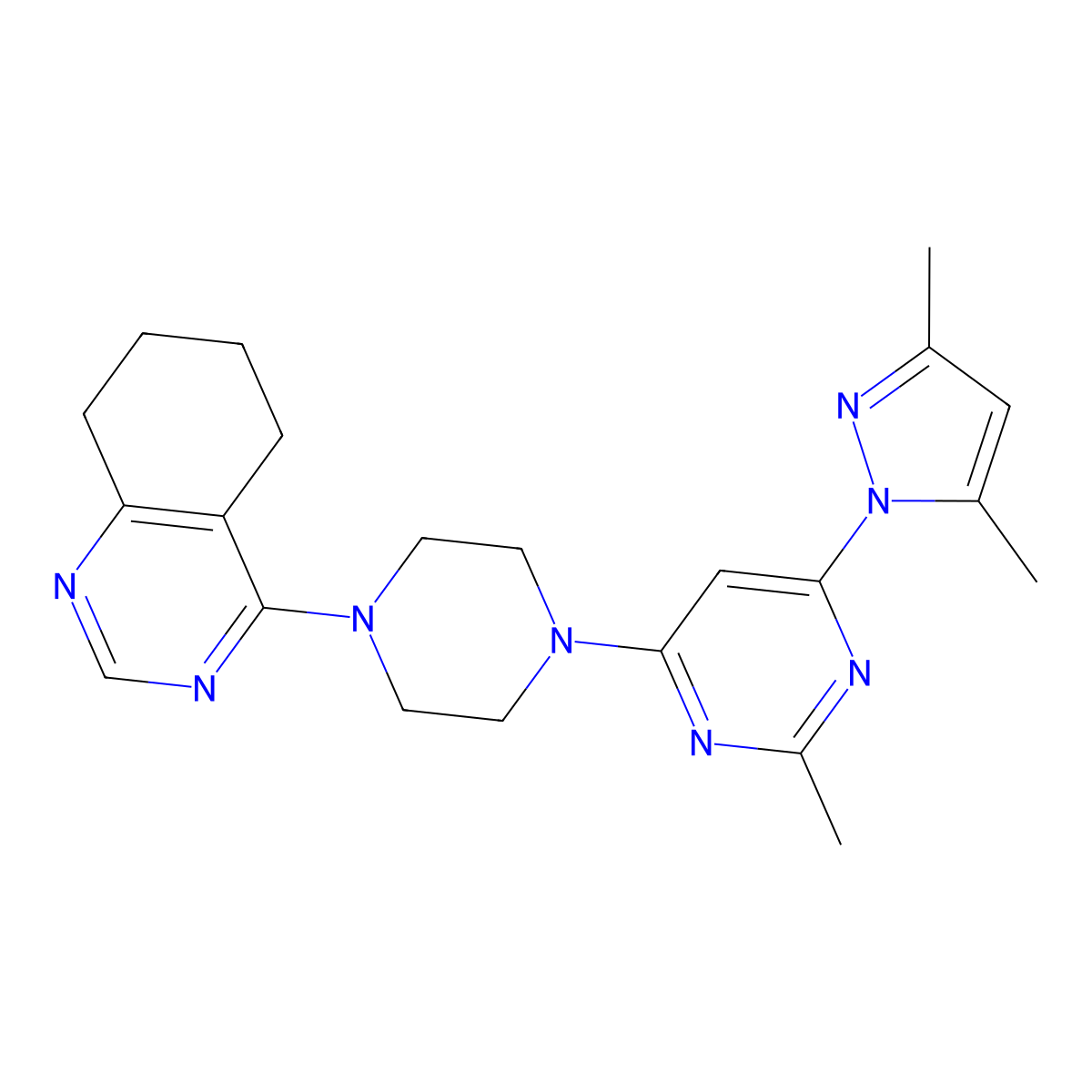 4-{4-[6-(3,5-dimethyl-1H-pyrazol-1-yl)-2-methylpyrimidin-4-yl]piperazin-1-yl}-5,6,7,8-tetrahydroquinazoline molecular structure, CAS 2549035-40-5