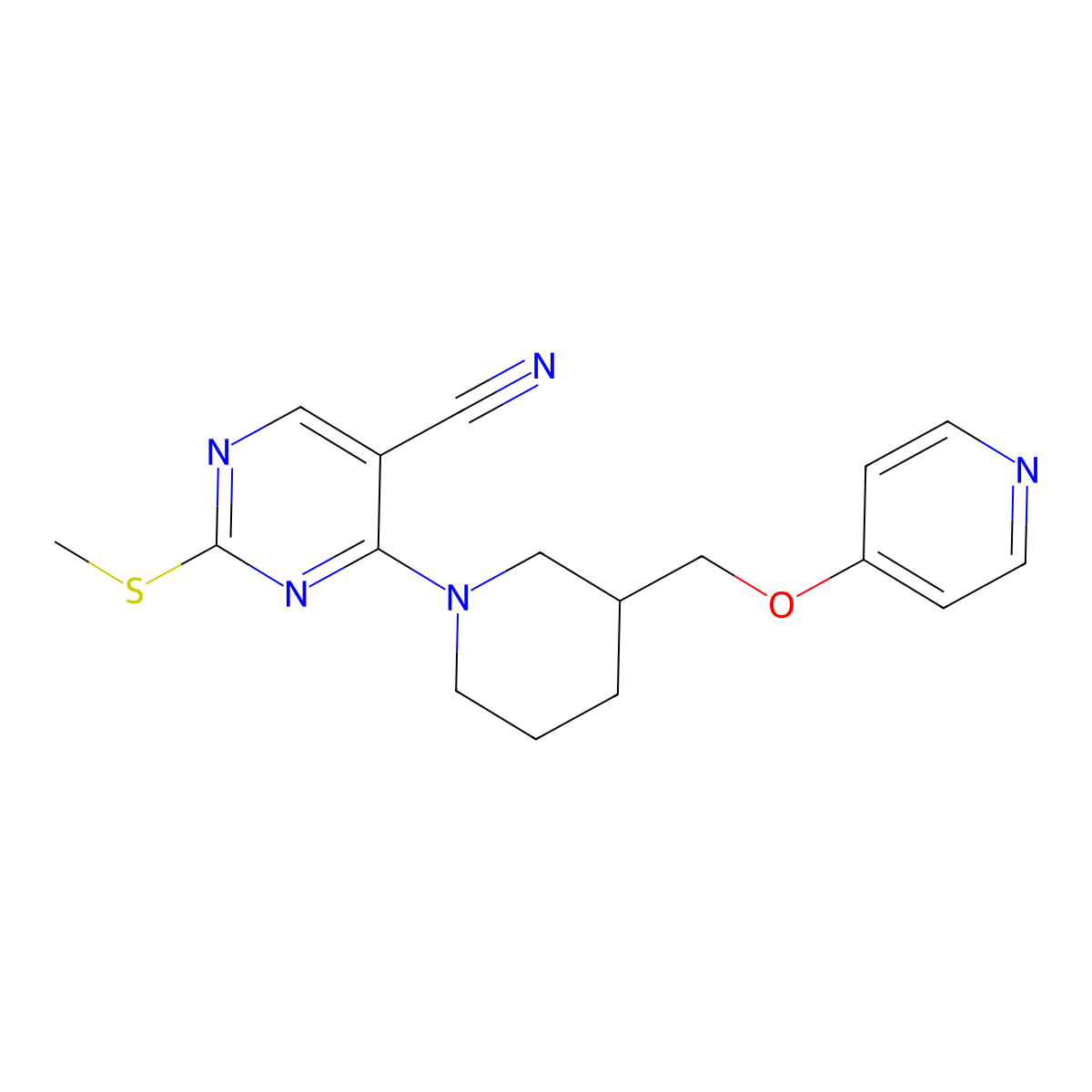 2-(Methylsulfanyl)-4-{3-[(pyridin-4-yloxy)methyl]piperidin-1-yl}pyrimidine-5-carbonitrile molecular structure, CAS 2549035-41-6