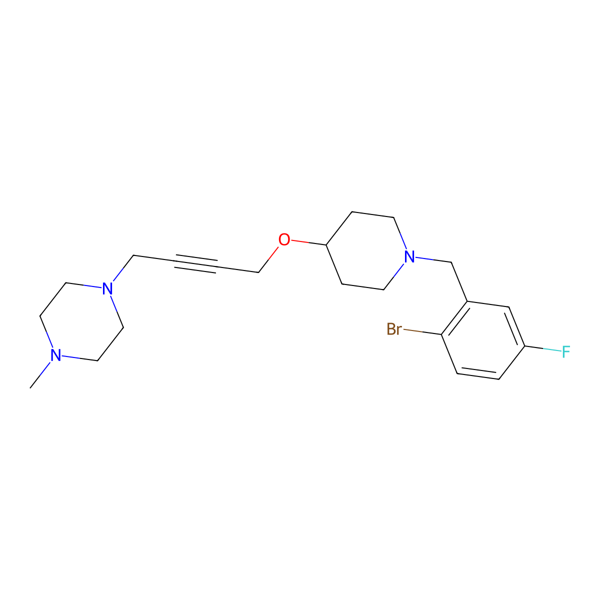 1-[4-({1-[(2-Bromo-5-fluorophenyl)methyl]piperidin-4-yl}oxy)but-2-yn-1-yl]-4-methylpiperazine molecular structure, CAS 2549035-52-9
