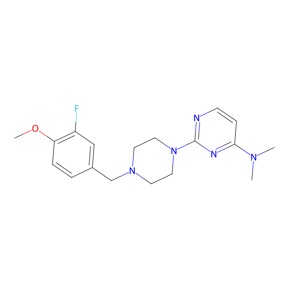 2-{4-[(3-fluoro-4-methoxyphenyl)methyl]piperazin-1-yl}-N,N-dimethylpyrimidin-4-amine molecular structure, CAS 2549035-56-3