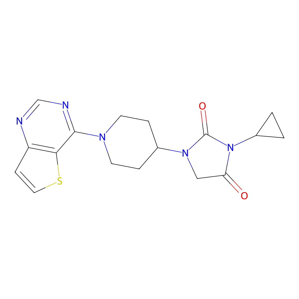 3-Cyclopropyl-1-(1-{thieno[3,2-d]pyrimidin-4-yl}piperidin-4-yl)imidazolidine-2,4-dione molecular structure, CAS 2549035-57-4