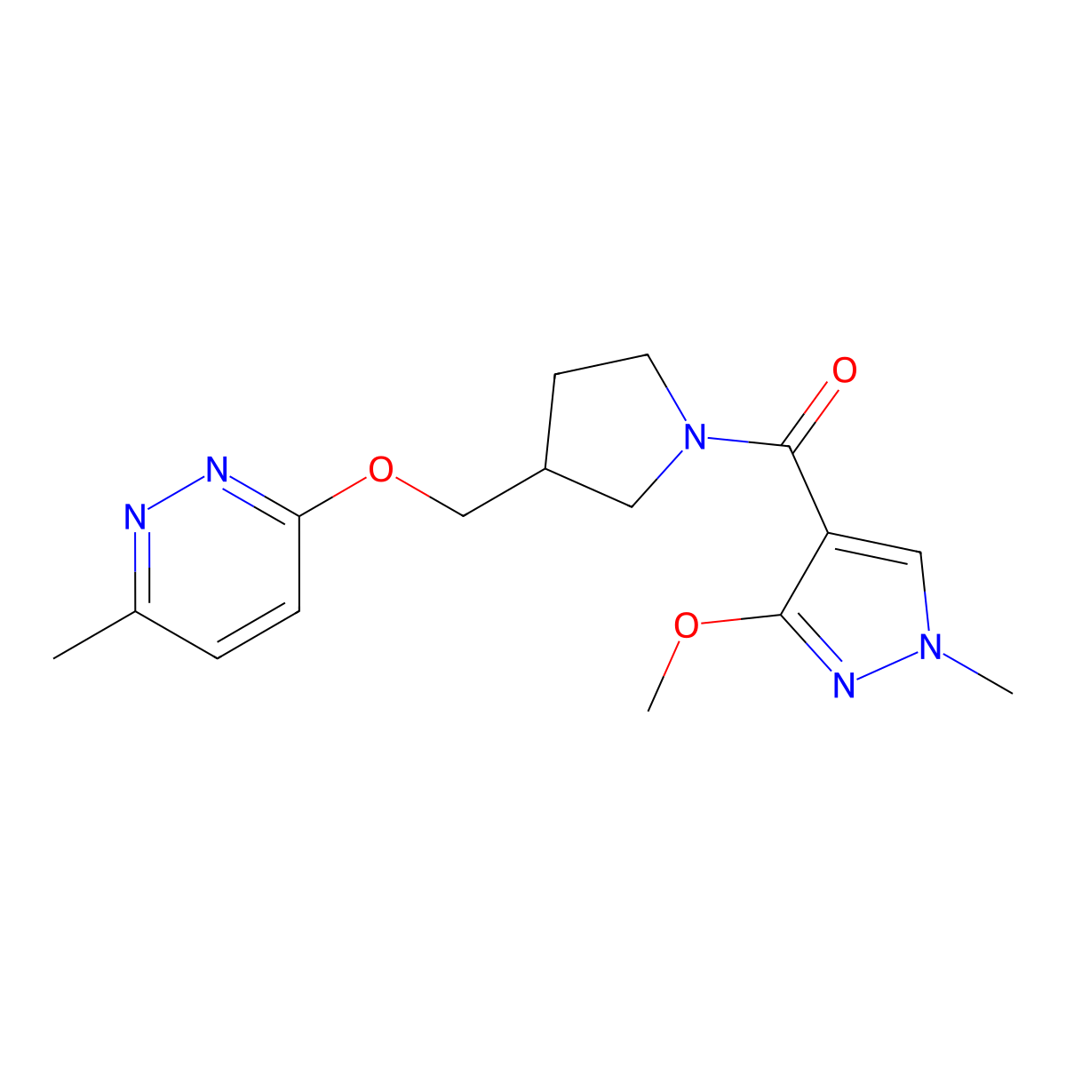 3-{[1-(3-methoxy-1-methyl-1H-pyrazole-4-carbonyl)pyrrolidin-3-yl]methoxy}-6-methylpyridazine molecular structure, CAS 2549035-64-3
