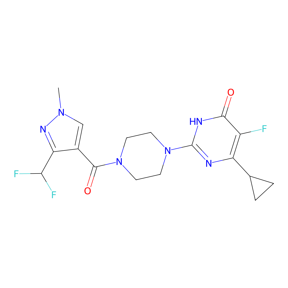 6-cyclopropyl-2-{4-[3-(difluoromethyl)-1-methyl-1H-pyrazole-4-carbonyl]piperazin-1-yl}-5-fluoro-3,4-dihydropyrimidin-4-one molecular structure, CAS 2549035-68-7