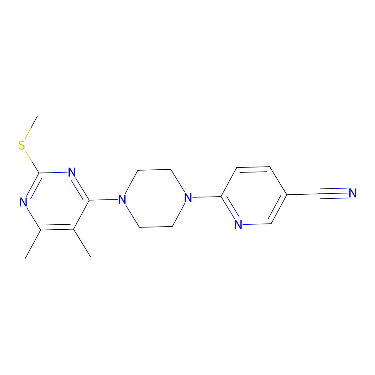 6-{4-[5,6-Dimethyl-2-(methylsulfanyl)pyrimidin-4-yl]piperazin-1-yl}pyridine-3-carbonitrile molecular structure, CAS 2549035-78-9