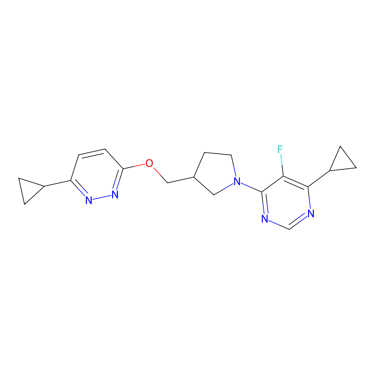 4-Cyclopropyl-6-(3-{[(6-cyclopropylpyridazin-3-yl)oxy]methyl}pyrrolidin-1-yl)-5-fluoropyrimidine molecular structure, CAS 2549035-79-0