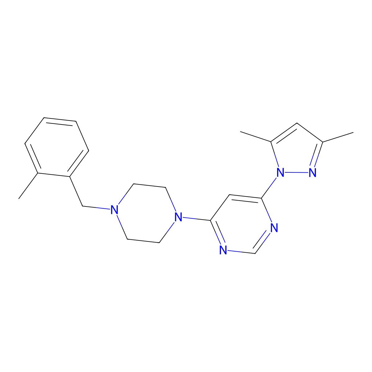 4-(3,5-dimethyl-1H-pyrazol-1-yl)-6-{4-[(2-methylphenyl)methyl]piperazin-1-yl}pyrimidine molecular structure, CAS 2549035-91-6