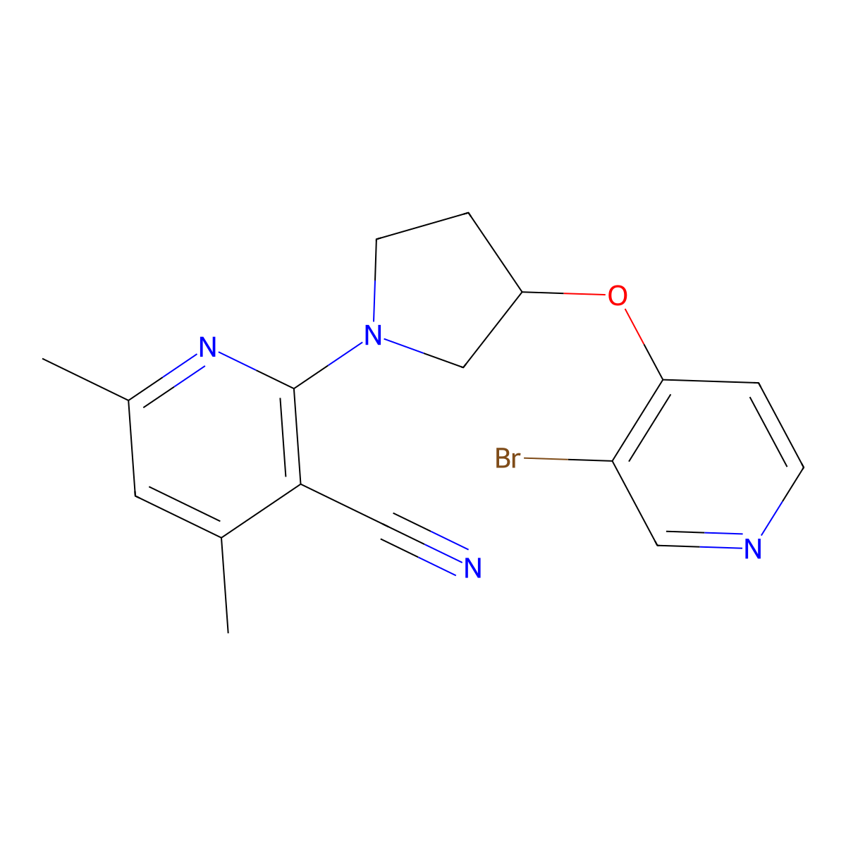 2-{3-[(3-Bromopyridin-4-yl)oxy]pyrrolidin-1-yl}-4,6-dimethylpyridine-3-carbonitrile molecular structure, CAS 2549036-01-1