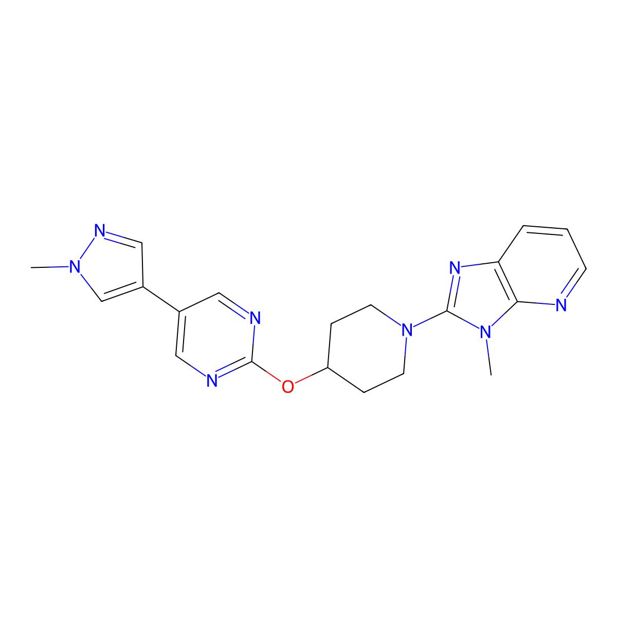 5-(1-methyl-1H-pyrazol-4-yl)-2-[(1-{3-methyl-3H-imidazo[4,5-b]pyridin-2-yl}piperidin-4-yl)oxy]pyrimidine molecular structure, CAS 2549036-07-7