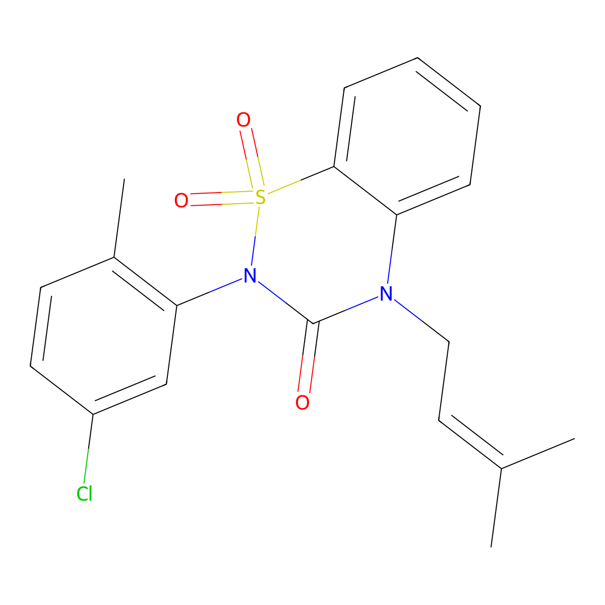 2-(5-chloro-2-methylphenyl)-4-(3-methylbut-2-en-1-yl)-3,4-dihydro-2H-1lambda6,2,4-benzothiadiazine-1,1,3-trione molecular structure, CAS 2549036-10-2