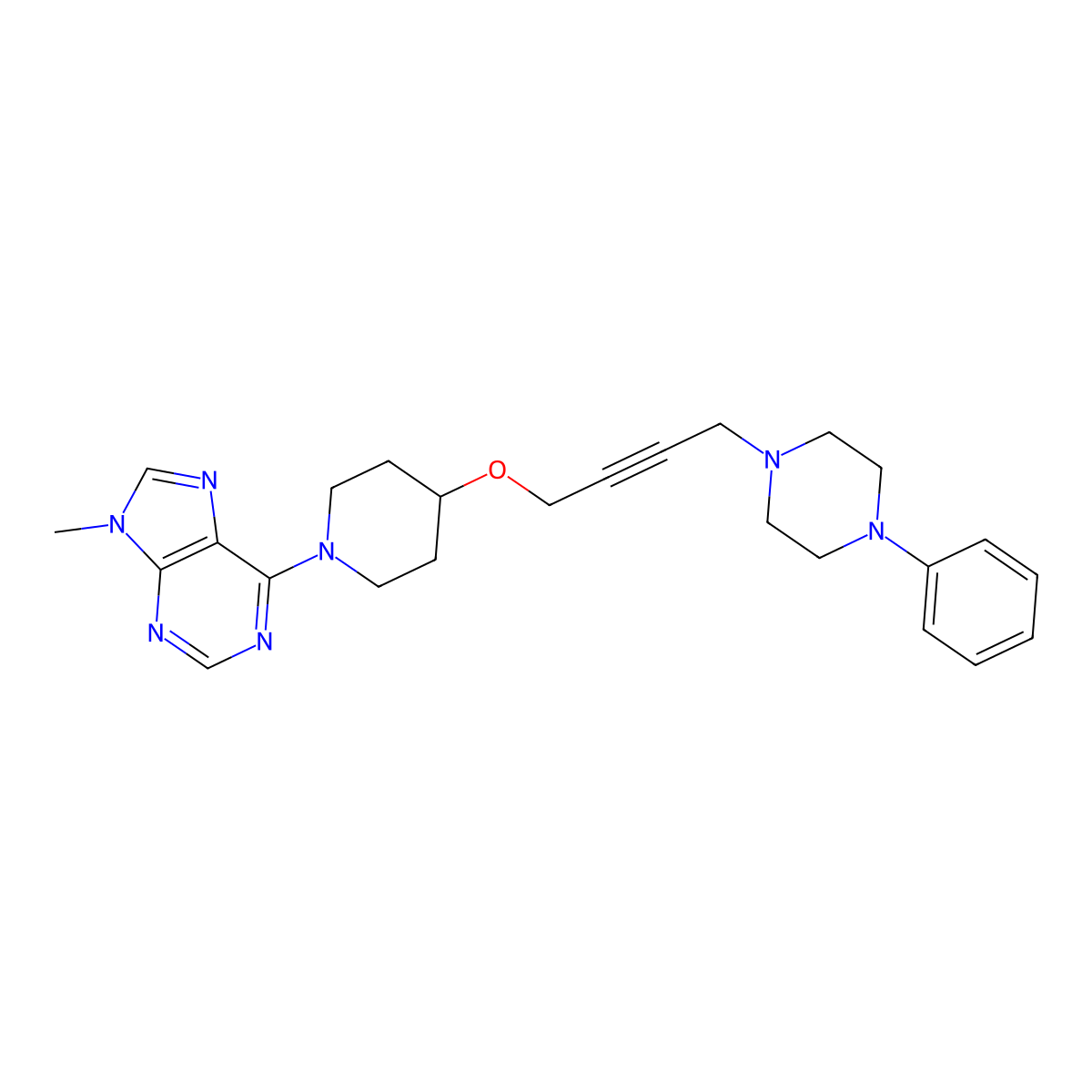 9-methyl-6-(4-{[4-(4-phenylpiperazin-1-yl)but-2-yn-1-yl]oxy}piperidin-1-yl)-9H-purine molecular structure, CAS 2549036-11-3
