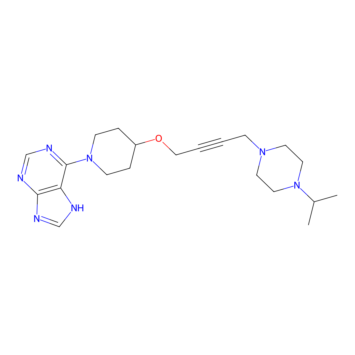 6-[4-({4-[4-(propan-2-yl)piperazin-1-yl]but-2-yn-1-yl}oxy)piperidin-1-yl]-9H-purine molecular structure, CAS 2549036-19-1