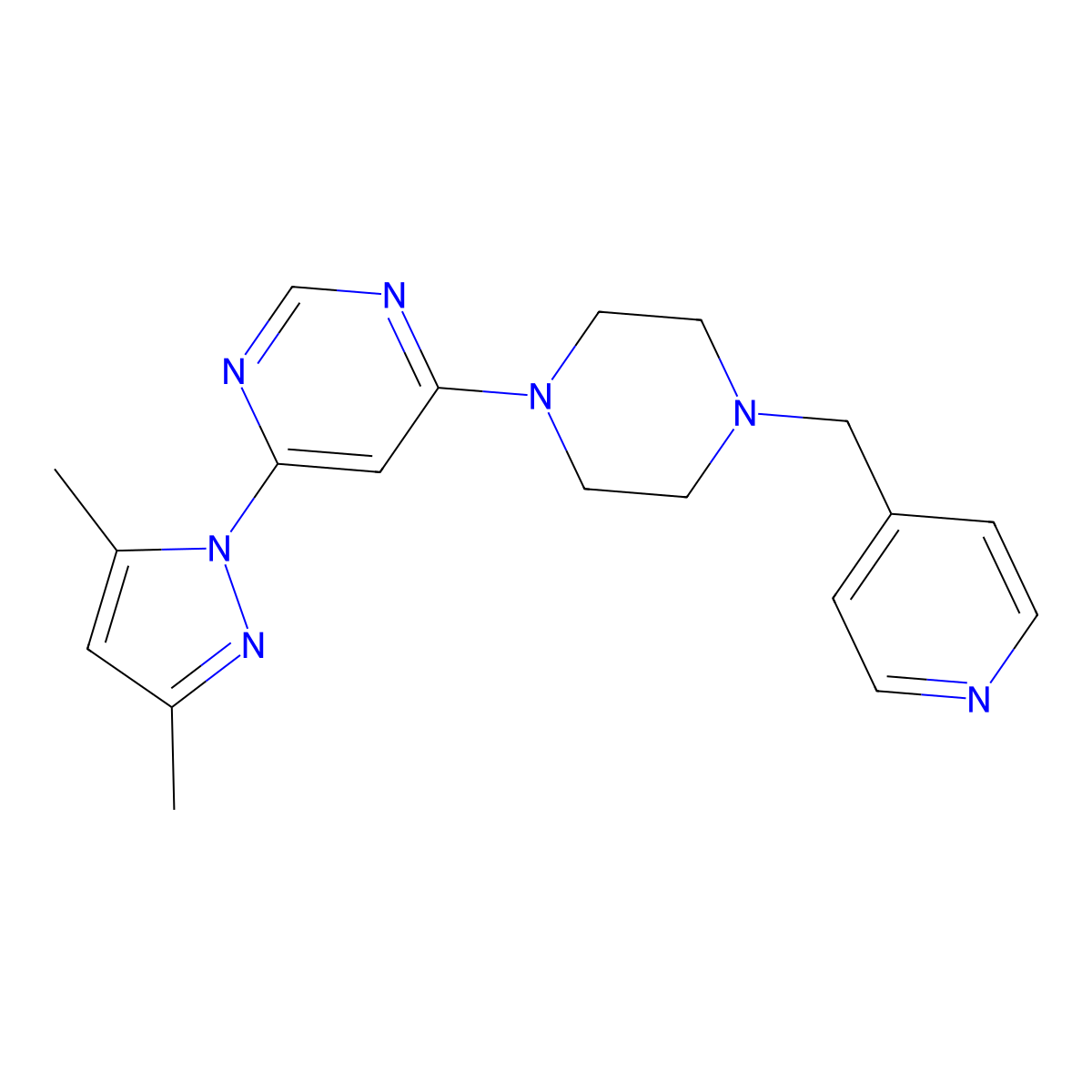 4-(3,5-dimethyl-1H-pyrazol-1-yl)-6-{4-[(pyridin-4-yl)methyl]piperazin-1-yl}pyrimidine molecular structure, CAS 2549036-36-2