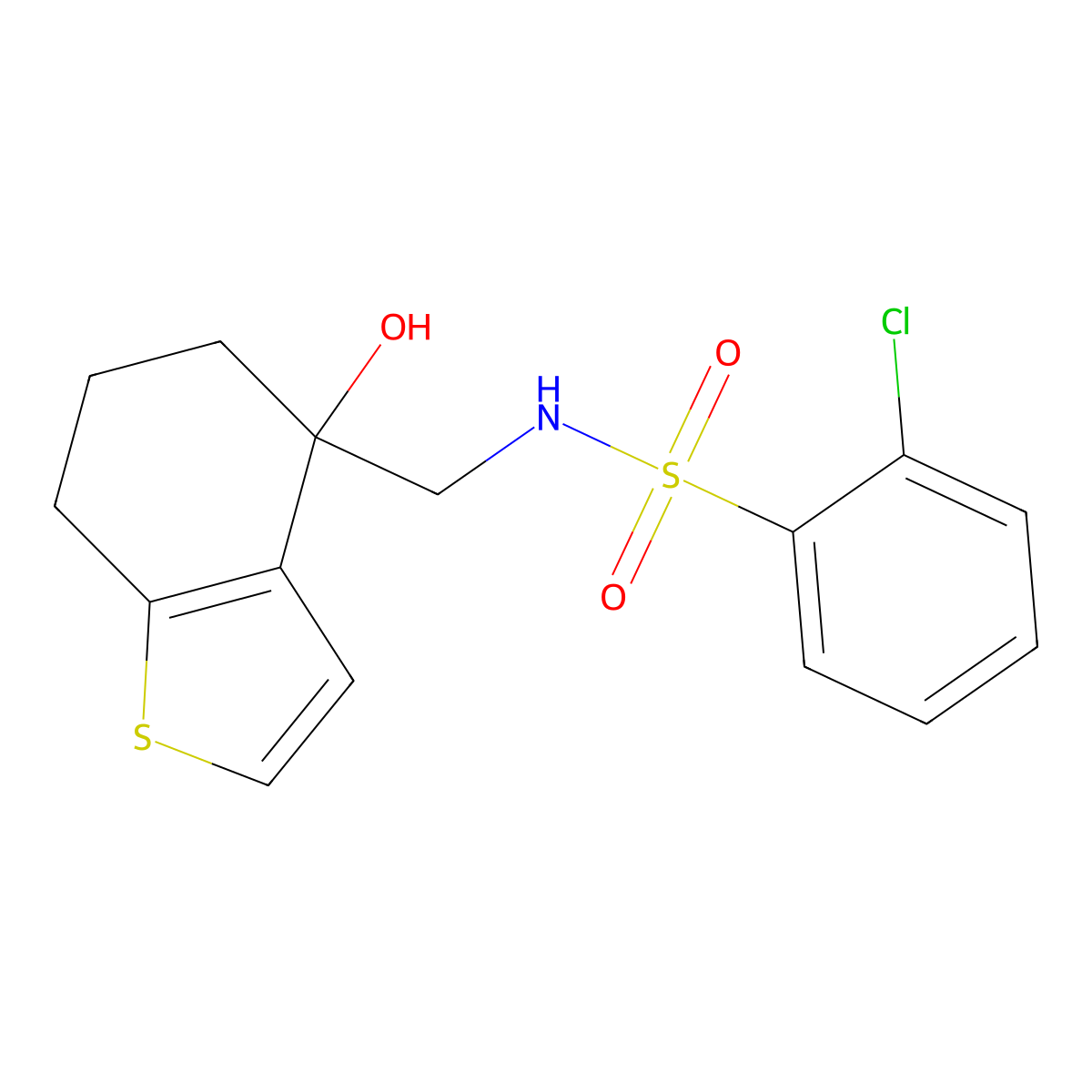 2-chloro-N-[(4-hydroxy-4,5,6,7-tetrahydro-1-benzothiophen-4-yl)methyl]benzene-1-sulfonamide molecular structure, CAS 2549036-45-3