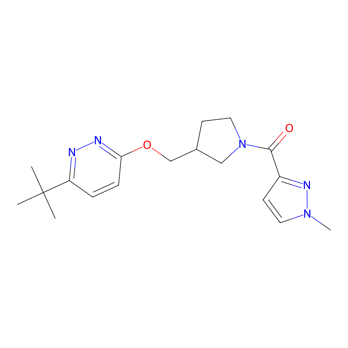 3-tert-butyl-6-{[1-(1-methyl-1H-pyrazole-3-carbonyl)pyrrolidin-3-yl]methoxy}pyridazine molecular structure, CAS 2549036-46-4