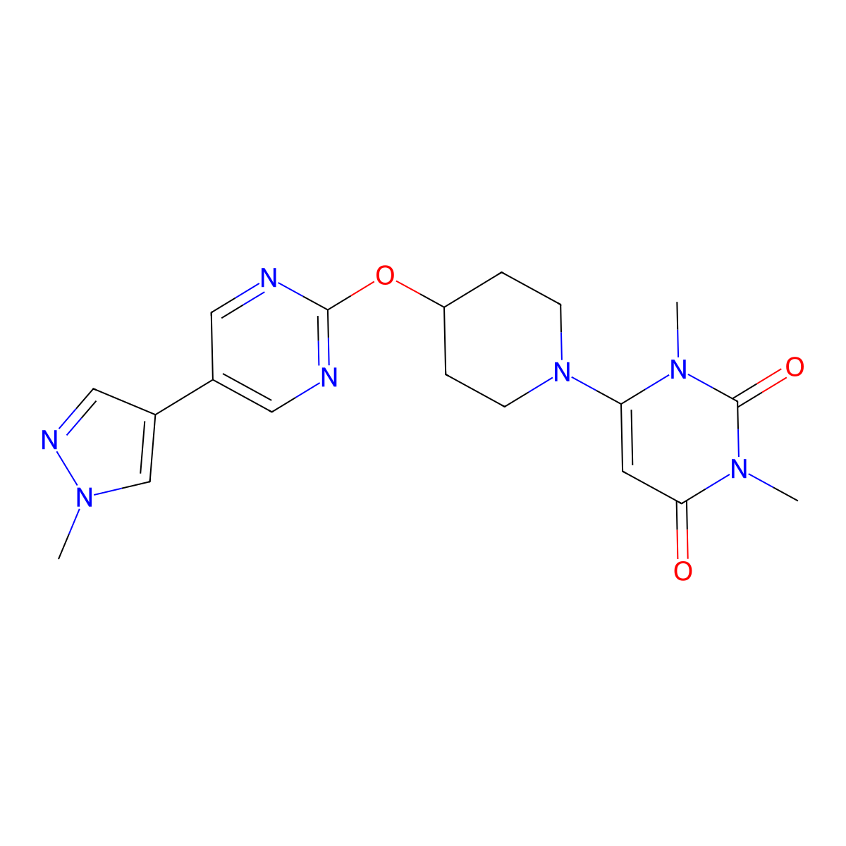 1,3-dimethyl-6-(4-{[5-(1-methyl-1H-pyrazol-4-yl)pyrimidin-2-yl]oxy}piperidin-1-yl)-1,2,3,4-tetrahydropyrimidine-2,4-dione molecular structure, CAS 2549036-50-0