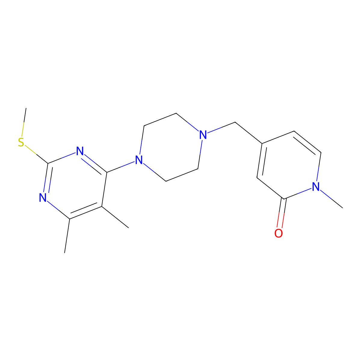 4-({4-[5,6-Dimethyl-2-(methylsulfanyl)pyrimidin-4-yl]piperazin-1-yl}methyl)-1-methyl-1,2-dihydropyridin-2-one molecular structure, CAS 2549036-52-2