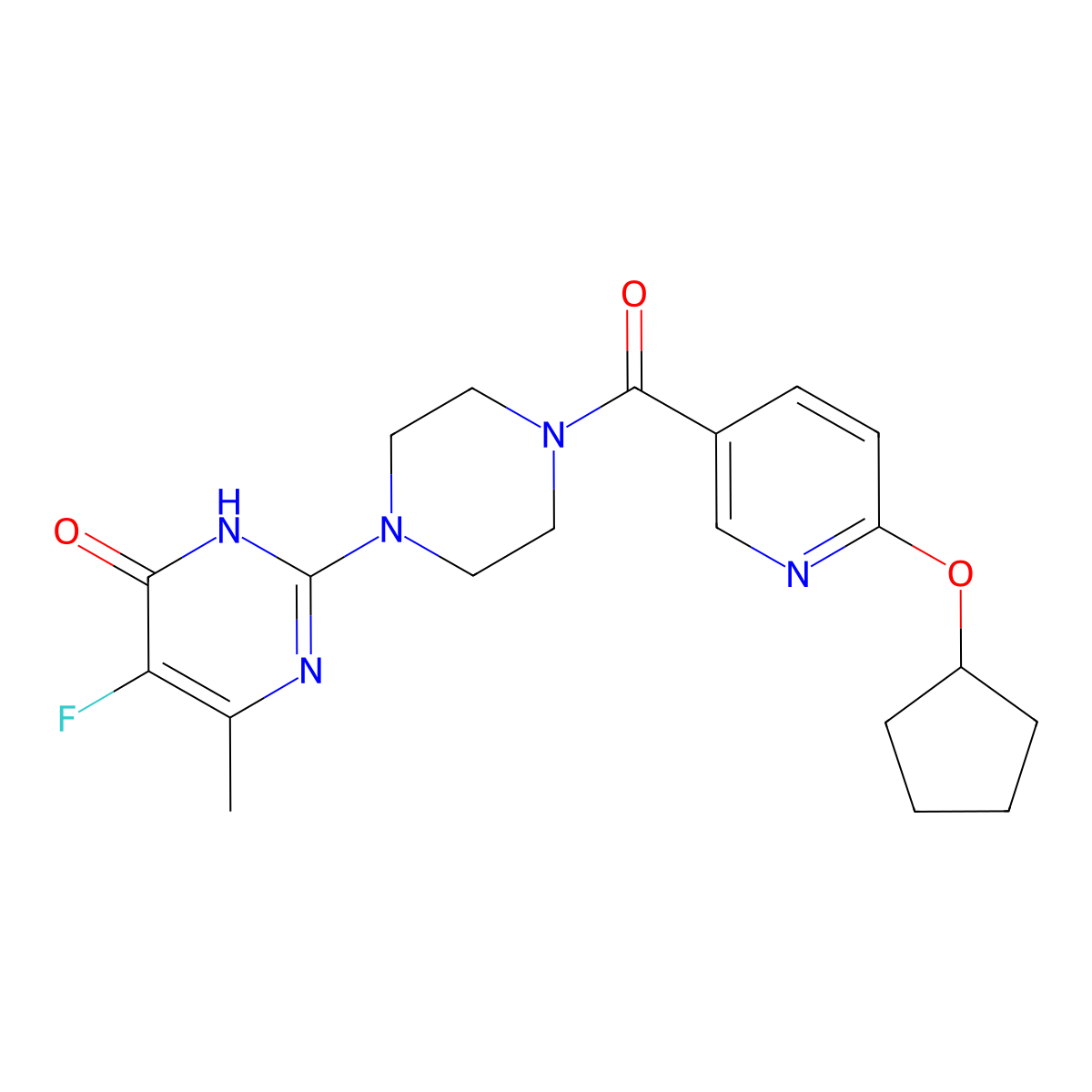2-{4-[6-(Cyclopentyloxy)pyridine-3-carbonyl]piperazin-1-yl}-5-fluoro-6-methyl-3,4-dihydropyrimidin-4-one molecular structure, CAS 2549036-61-3