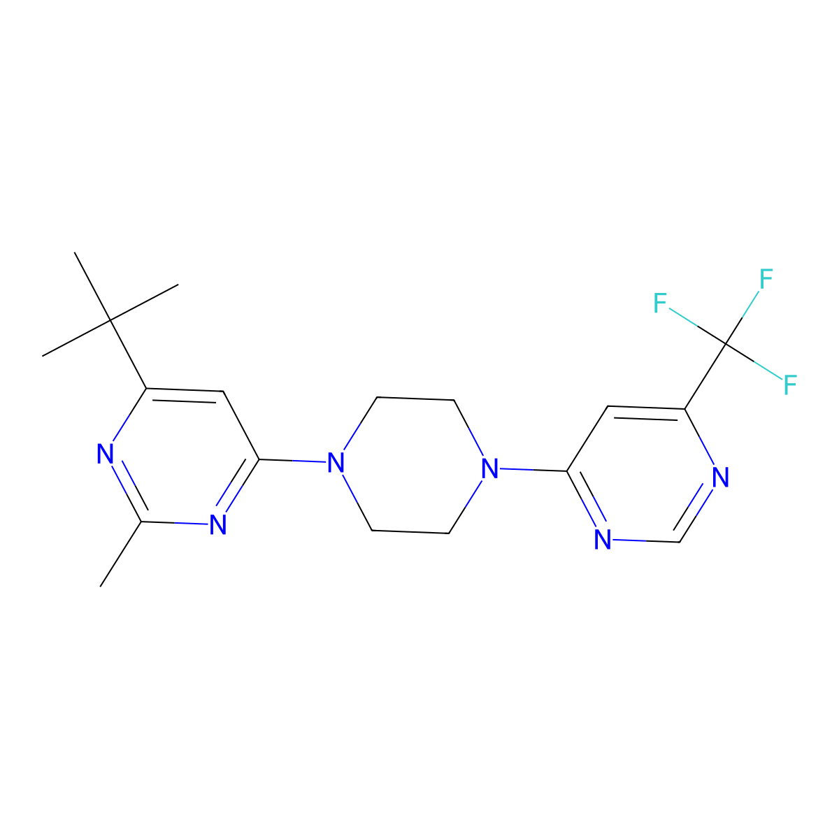 4-Tert-butyl-2-methyl-6-{4-[6-(trifluoromethyl)pyrimidin-4-yl]piperazin-1-yl}pyrimidine molecular structure, CAS 2549036-64-6