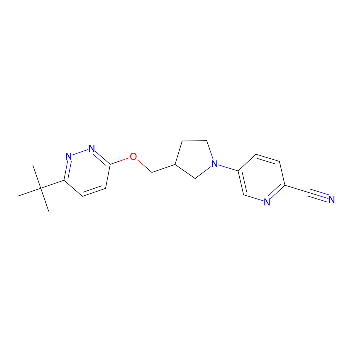 5-(3-{[(6-Tert-butylpyridazin-3-yl)oxy]methyl}pyrrolidin-1-yl)pyridine-2-carbonitrile molecular structure, CAS 2549036-68-0