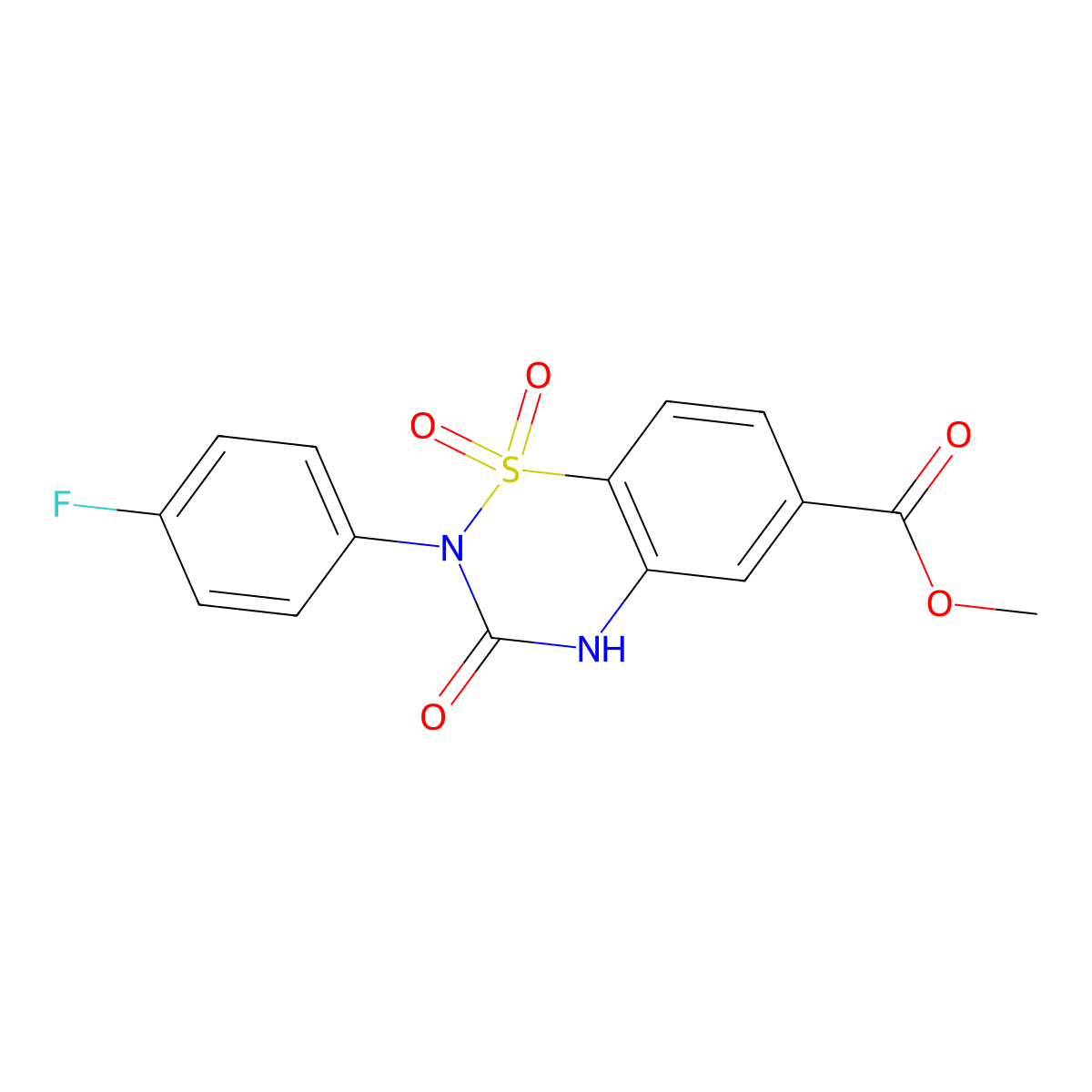 methyl 2-(4-fluorophenyl)-1,1,3-trioxo-3,4-dihydro-2H-1lambda6,2,4-benzothiadiazine-6-carboxylate molecular structure, CAS 2549036-79-3