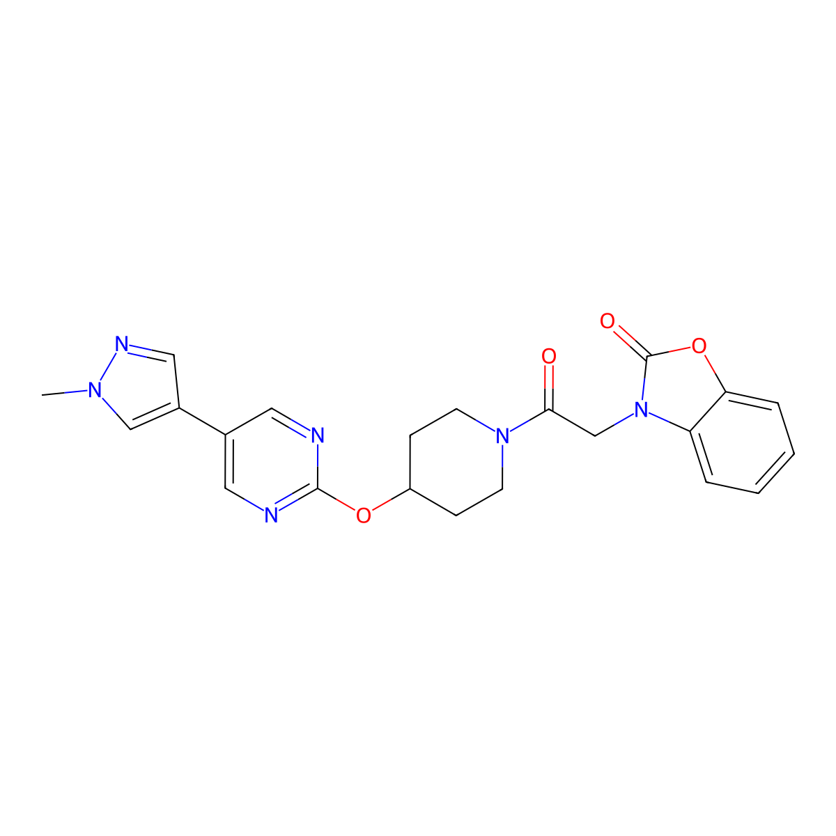 3-[2-(4-{[5-(1-methyl-1H-pyrazol-4-yl)pyrimidin-2-yl]oxy}piperidin-1-yl)-2-oxoethyl]-2,3-dihydro-1,3-benzoxazol-2-one molecular structure, CAS 2549036-82-8