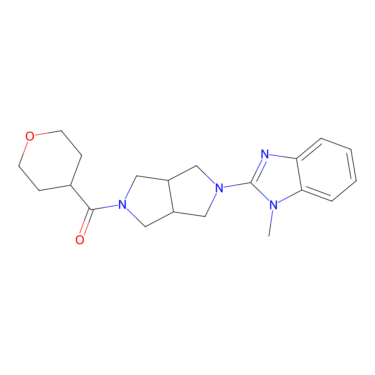1-methyl-2-[5-(oxane-4-carbonyl)-octahydropyrrolo[3,4-c]pyrrol-2-yl]-1H-1,3-benzodiazole molecular structure, CAS 2549036-86-2