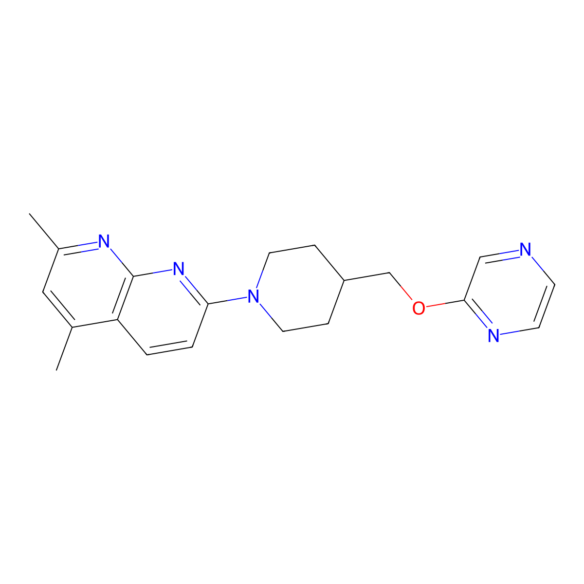 2,4-Dimethyl-7-{4-[(pyrazin-2-yloxy)methyl]piperidin-1-yl}-1,8-naphthyridine molecular structure, CAS 2549036-96-4
