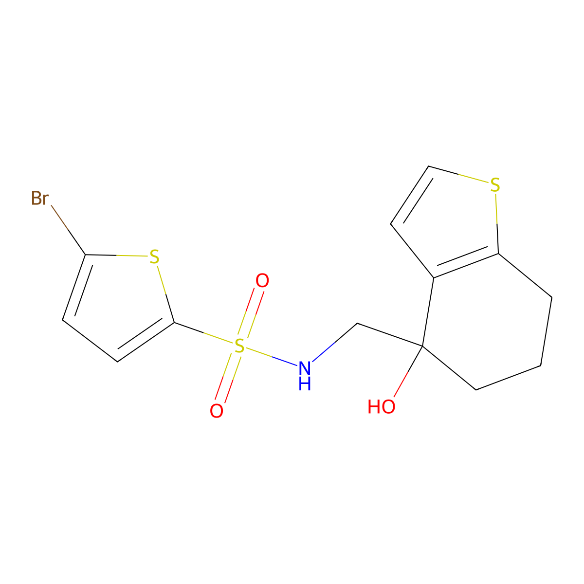 5-bromo-N-[(4-hydroxy-4,5,6,7-tetrahydro-1-benzothiophen-4-yl)methyl]thiophene-2-sulfonamide molecular structure, CAS 2549036-98-6